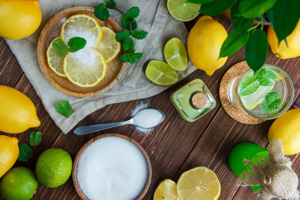 A table set with lemons, drinks, salt, herbs, limes, and a kitchen towel in a refreshing display